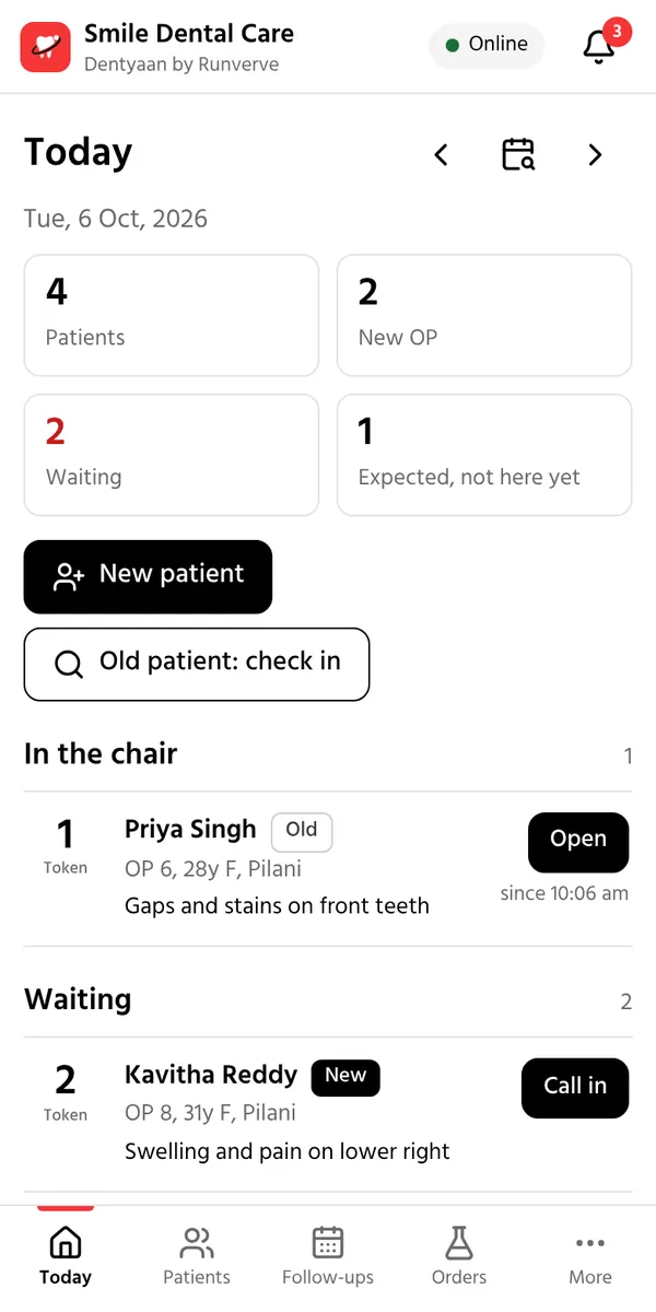 Dentyaan on a phone: today's patients in token order, with who is waiting, in the chair and done.