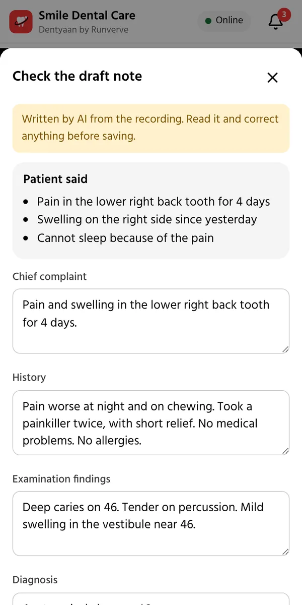 The draft note written from the conversation: what the patient said, the chief complaint, history and findings, for the doctor to check.